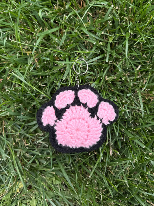 Handmade Crochet Paw Print Plush Keychain – Pink/Black