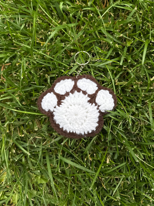 Handmade Crochet Paw Print Plush Keychain – White/Brown