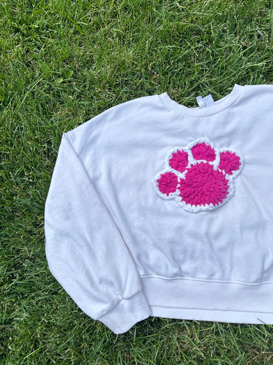 Crochet Paw Print Crewneck Sweatshirt – White/Pink – Size XL