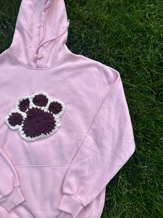 Crochet Paw Print Crewneck Sweatshirt – Pink/Brown/White – Size S