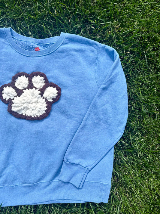 Crochet Paw Print Crewneck Sweatshirt – Blue/White – Size 2X
