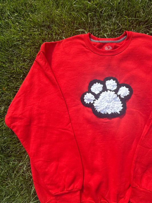 Crochet Paw Print Crewneck Sweatshirt – Red/White/Black – Size XL