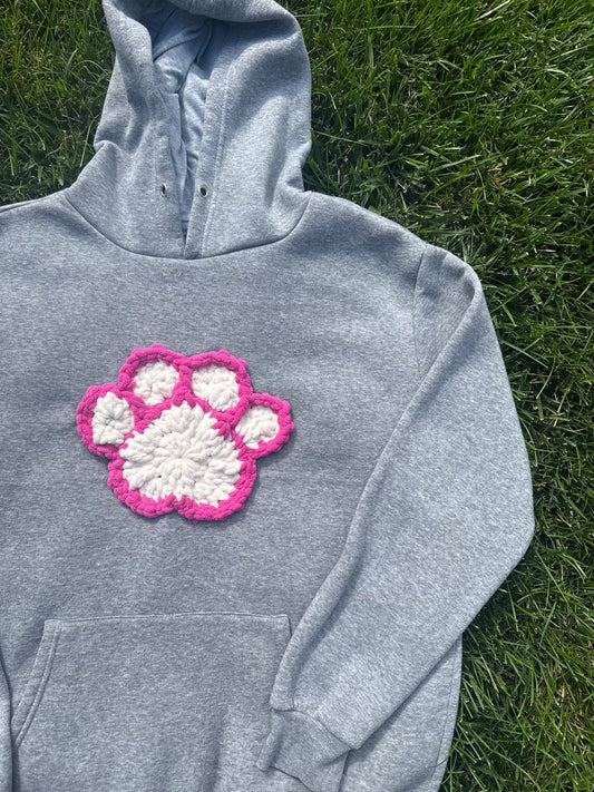 Crochet Paw Print Crewneck Sweatshirt – Grey/White/Pink – Size L