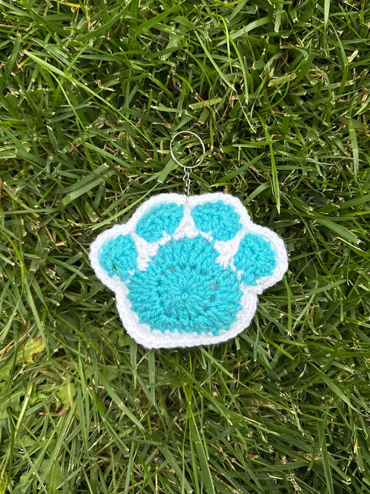 Handmade Crochet Paw Print Plush Keychain – Teal Blue