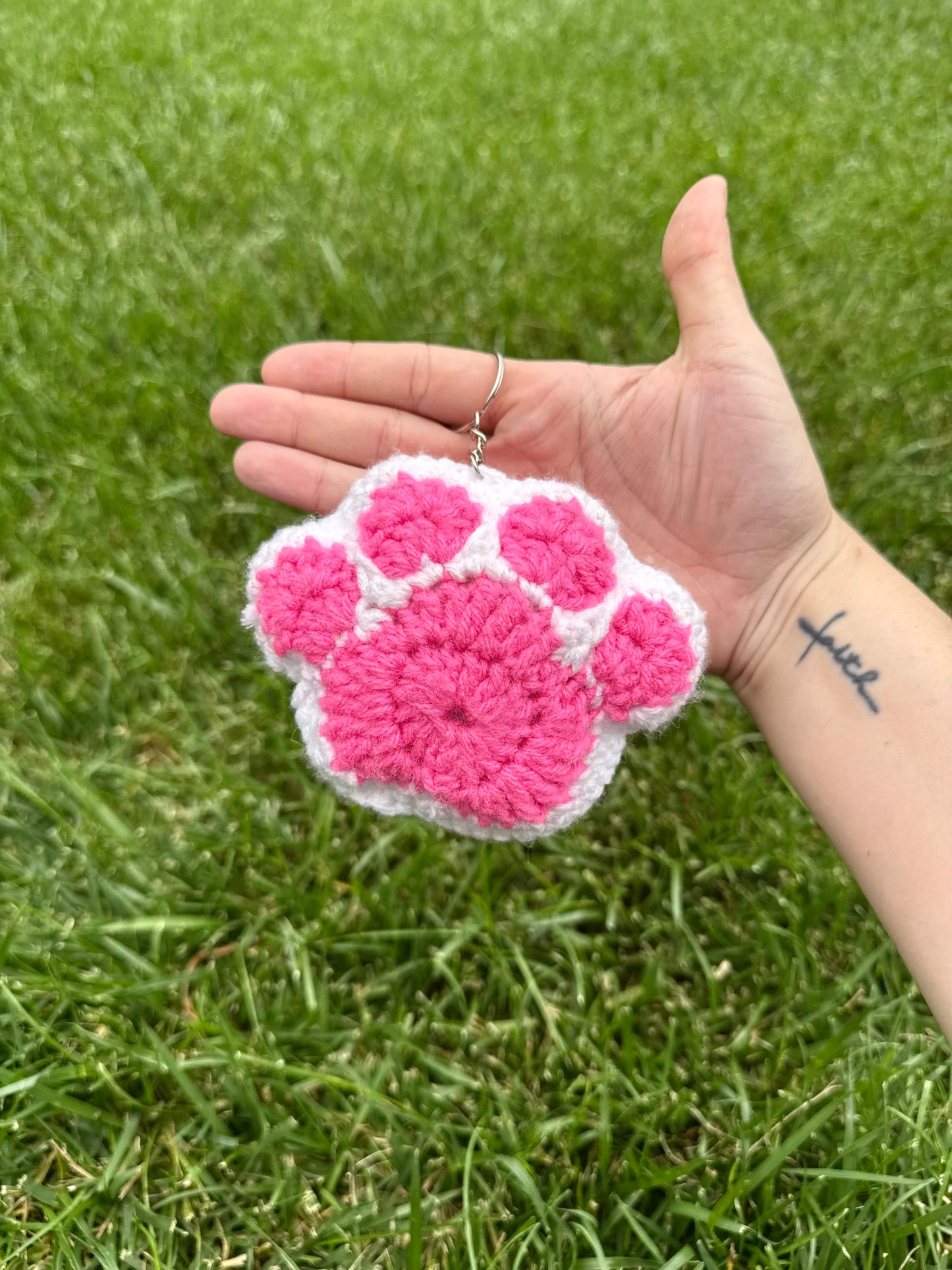 Handmade Crochet Paw Print Plush Keychain – Pink