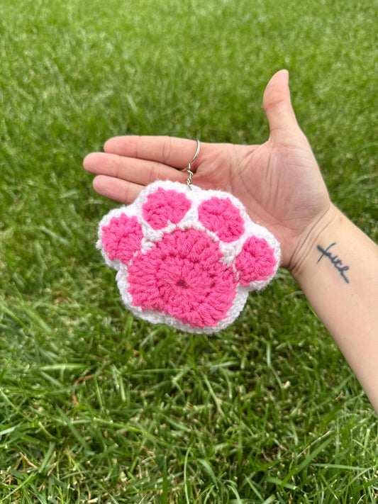 Handmade Crochet Paw Print Plush Keychain – Pink