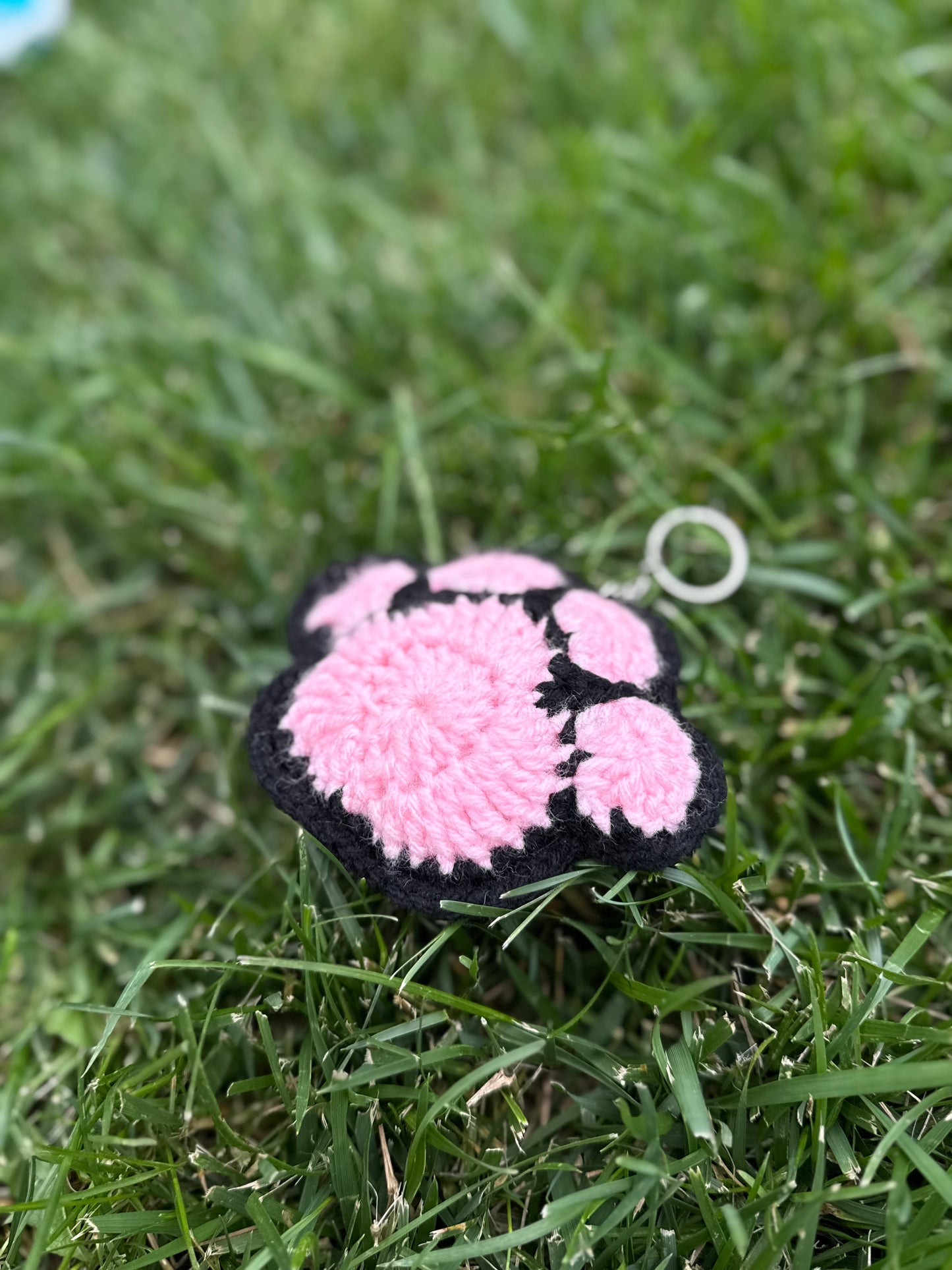 Handmade Crochet Paw Print Plush Keychain – Pink/Black