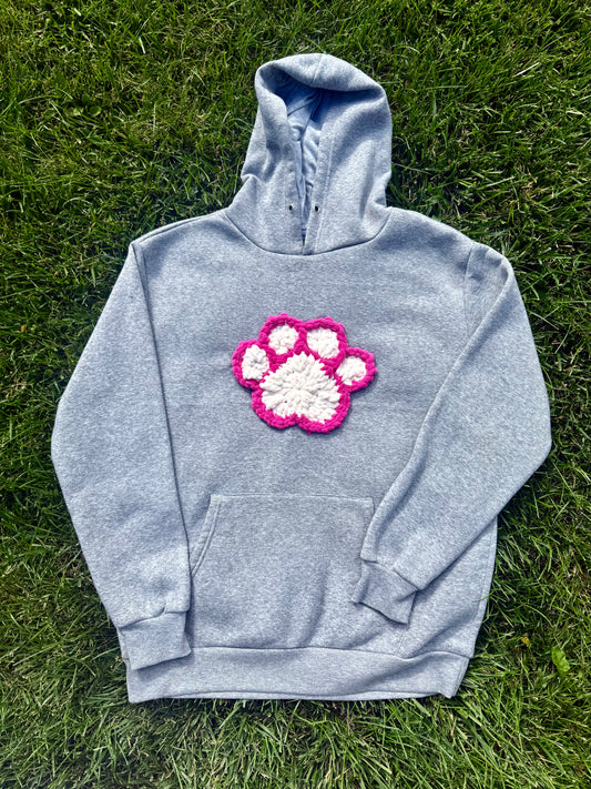 Crochet Paw Print Crewneck Sweatshirt – Grey/White/Pink – Size L