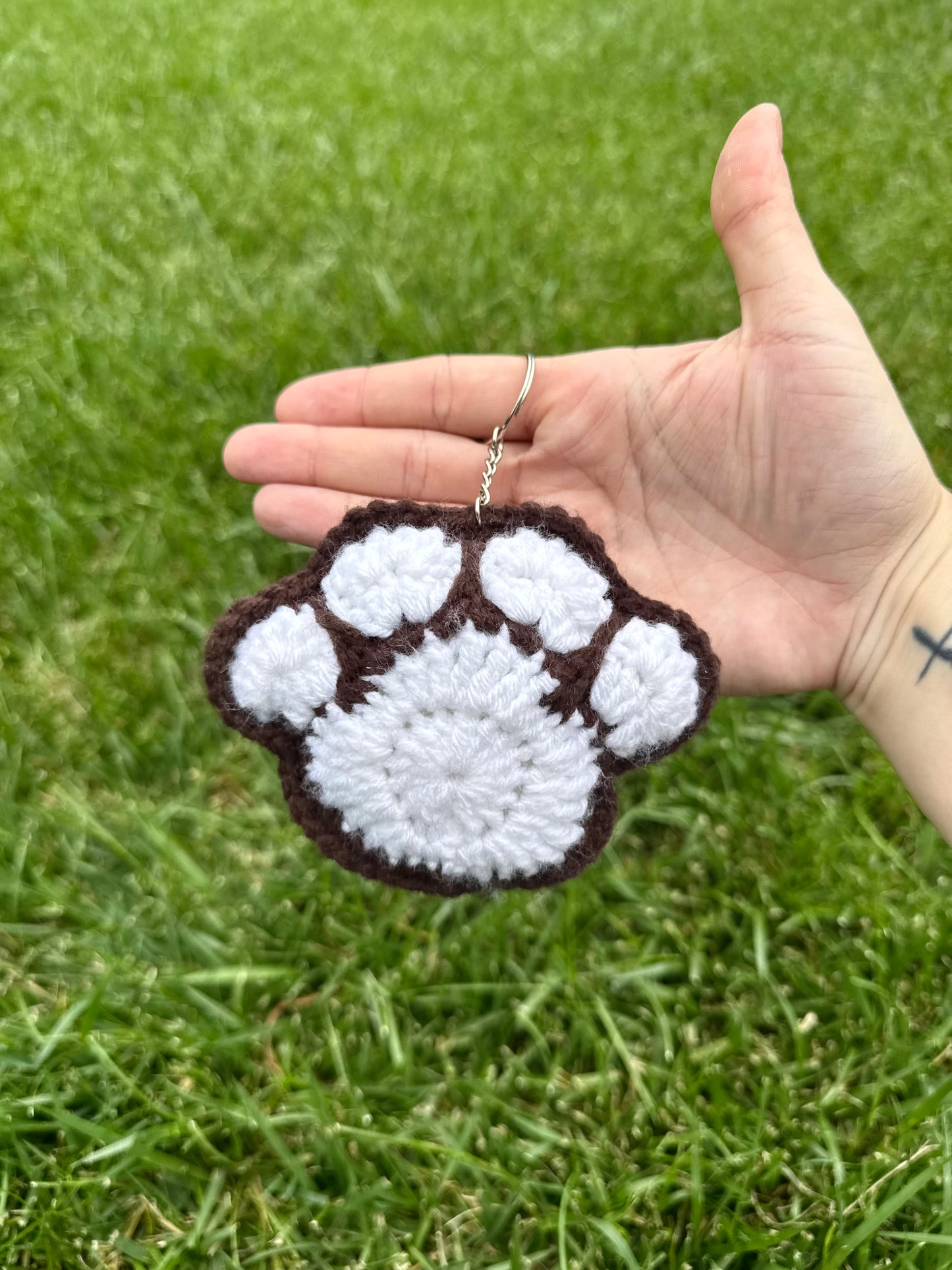 Handmade Crochet Paw Print Plush Keychain – White/Brown