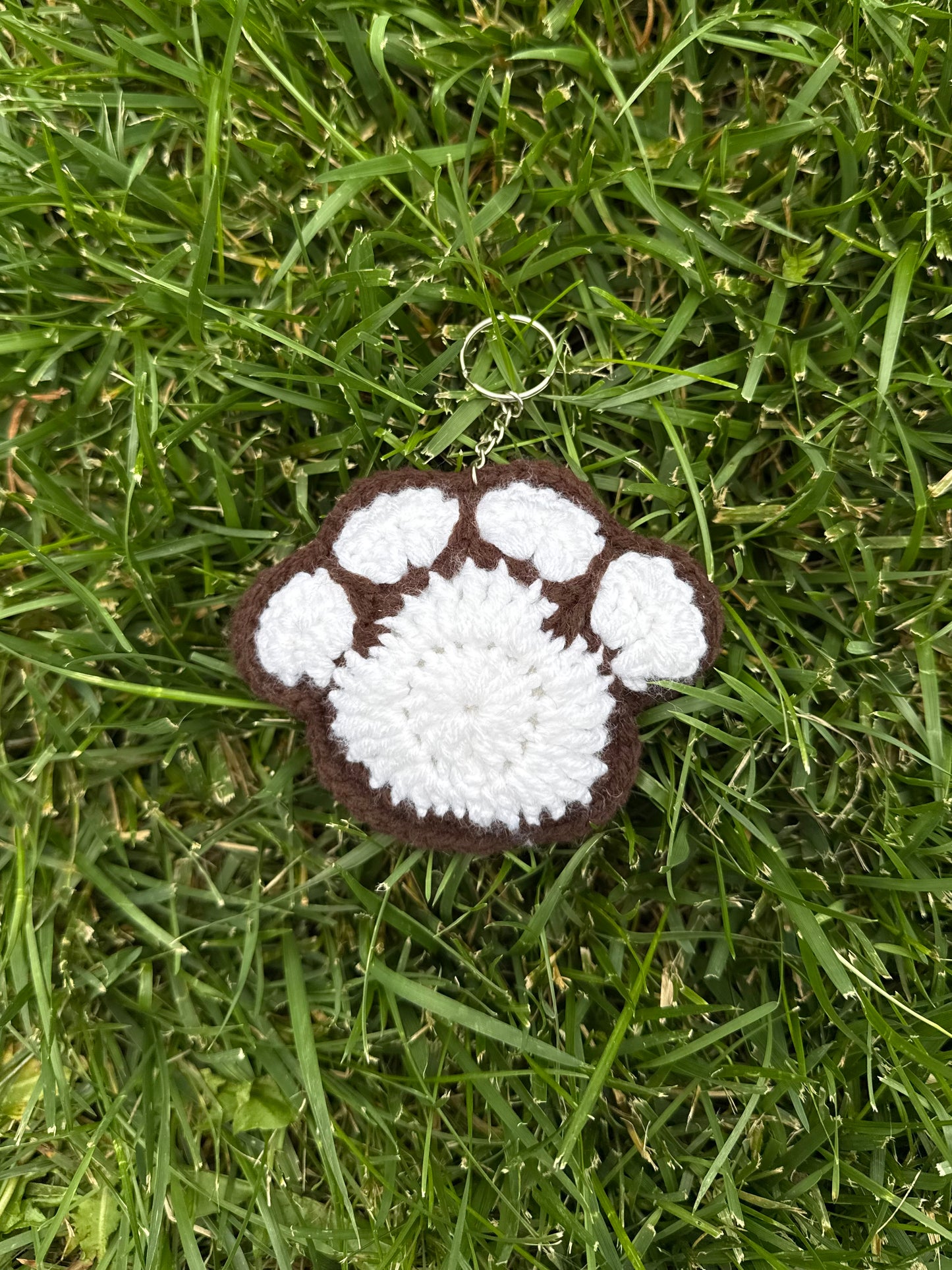 Handmade Crochet Paw Print Plush Keychain – White/Brown