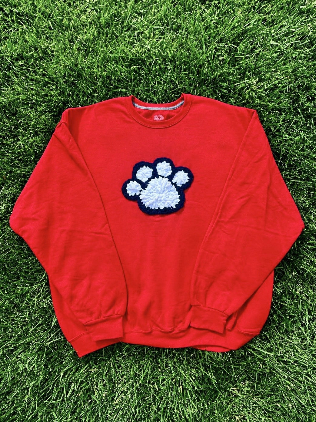 Crochet Paw Print Crewneck Sweatshirt – Red/White/Black – Size XL