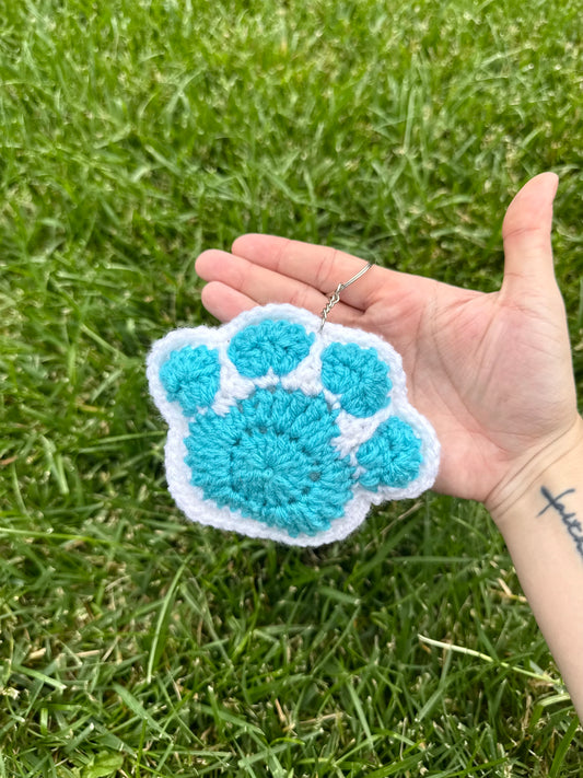 Handmade Crochet Paw Print Plush Keychain – Teal Blue