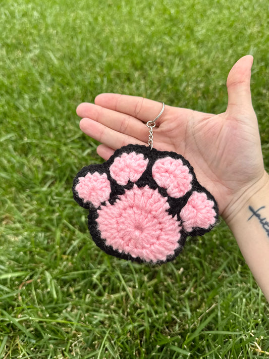 Handmade Crochet Paw Print Plush Keychain – Pink/Black