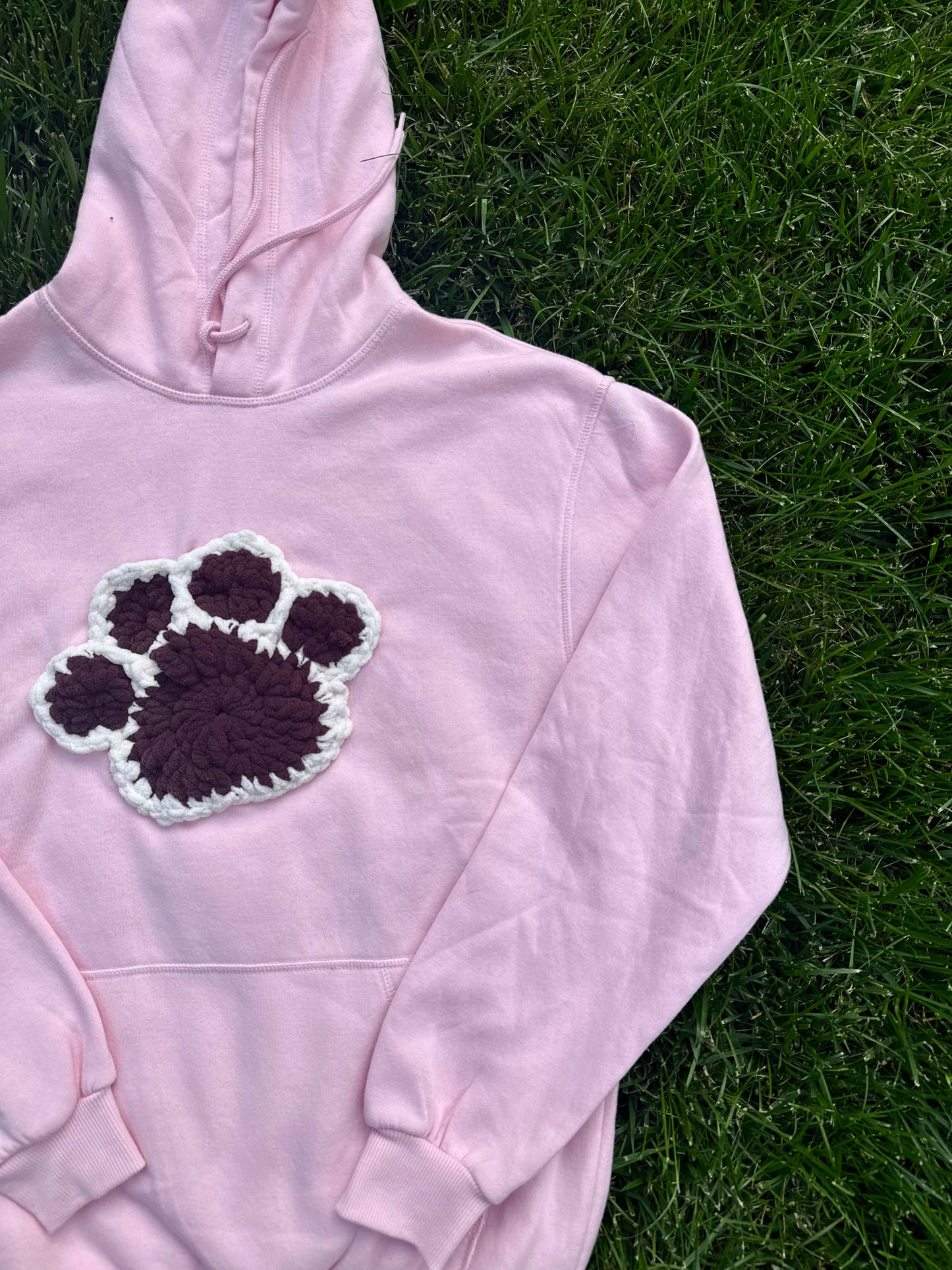 Crochet Paw Print Crewneck Sweatshirt – Pink/Brown/White – Size S