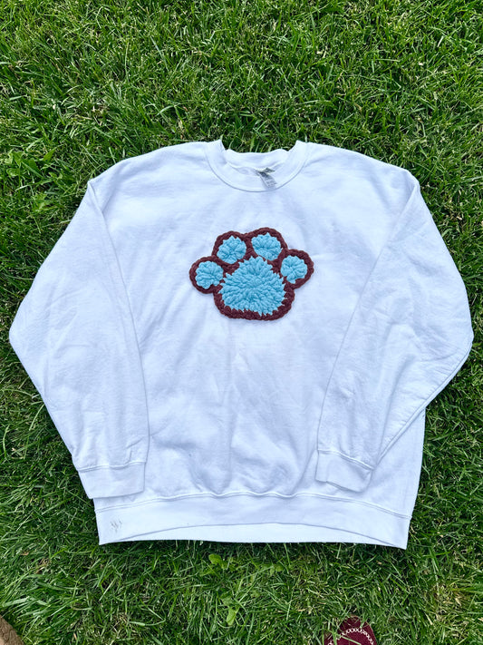 Crochet Paw Print Crewneck Sweatshirt – White/Blue/Brown– Size XL