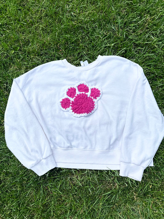 Crochet Paw Print Crewneck Sweatshirt – White/Pink – Size XL