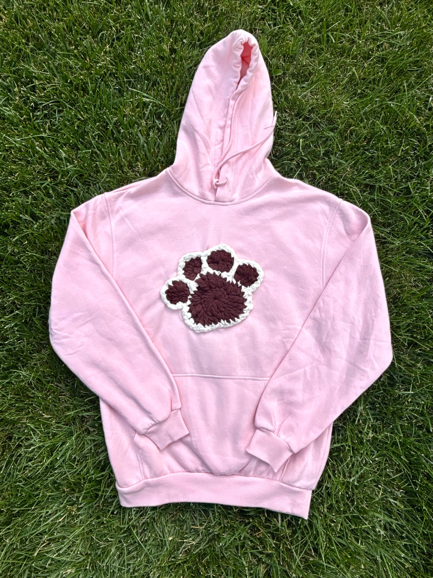 Crochet Paw Print Crewneck Sweatshirt – Pink/Brown/White – Size S