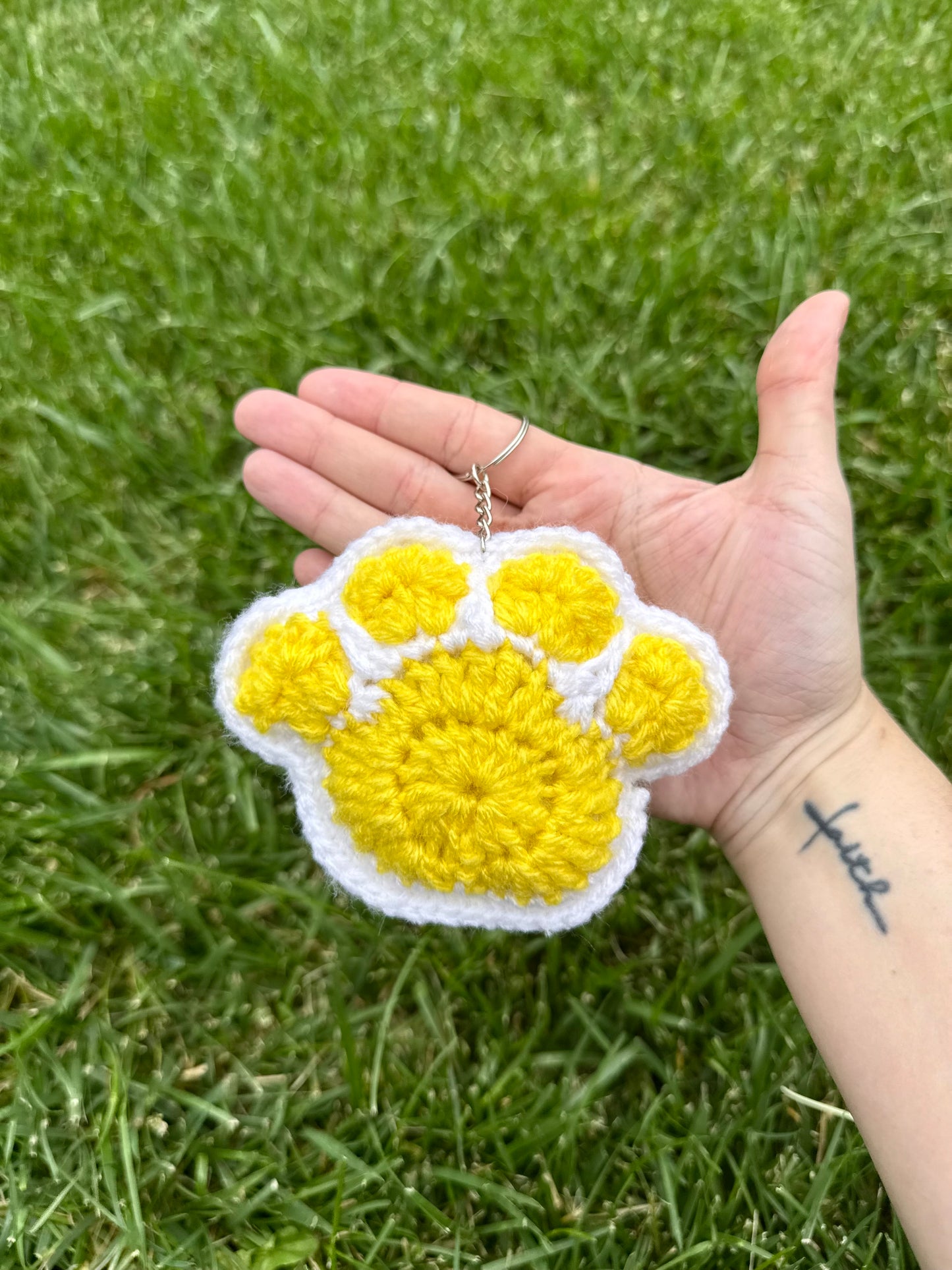 Handmade Crochet Paw Print Plush Keychain – Yellow
